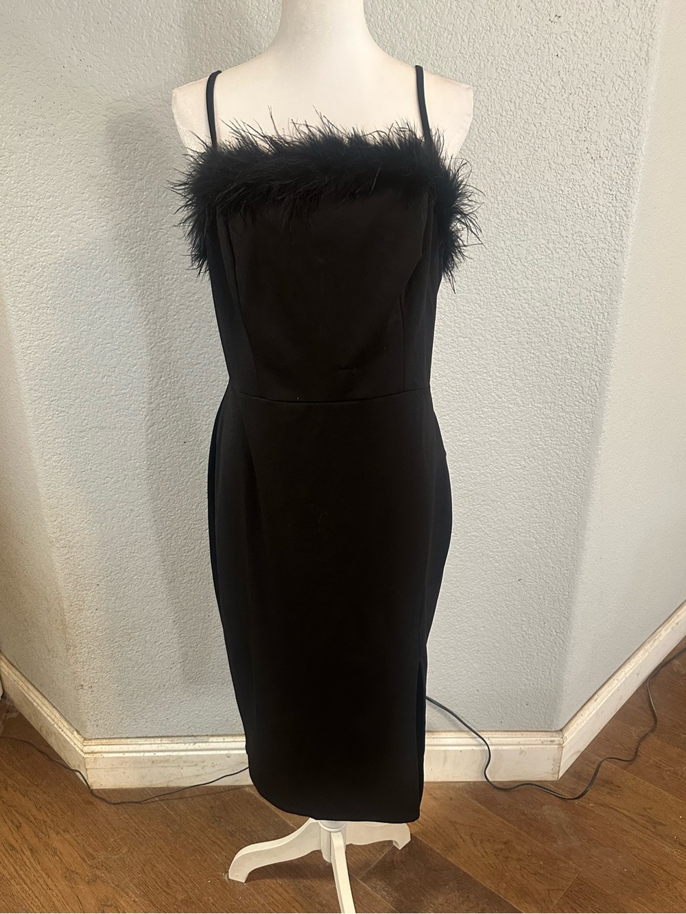 Classic Black Feather-Trim Midi Slip Dress